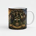White ceramic coffee mug with Kinney/Kenney family crest logo
