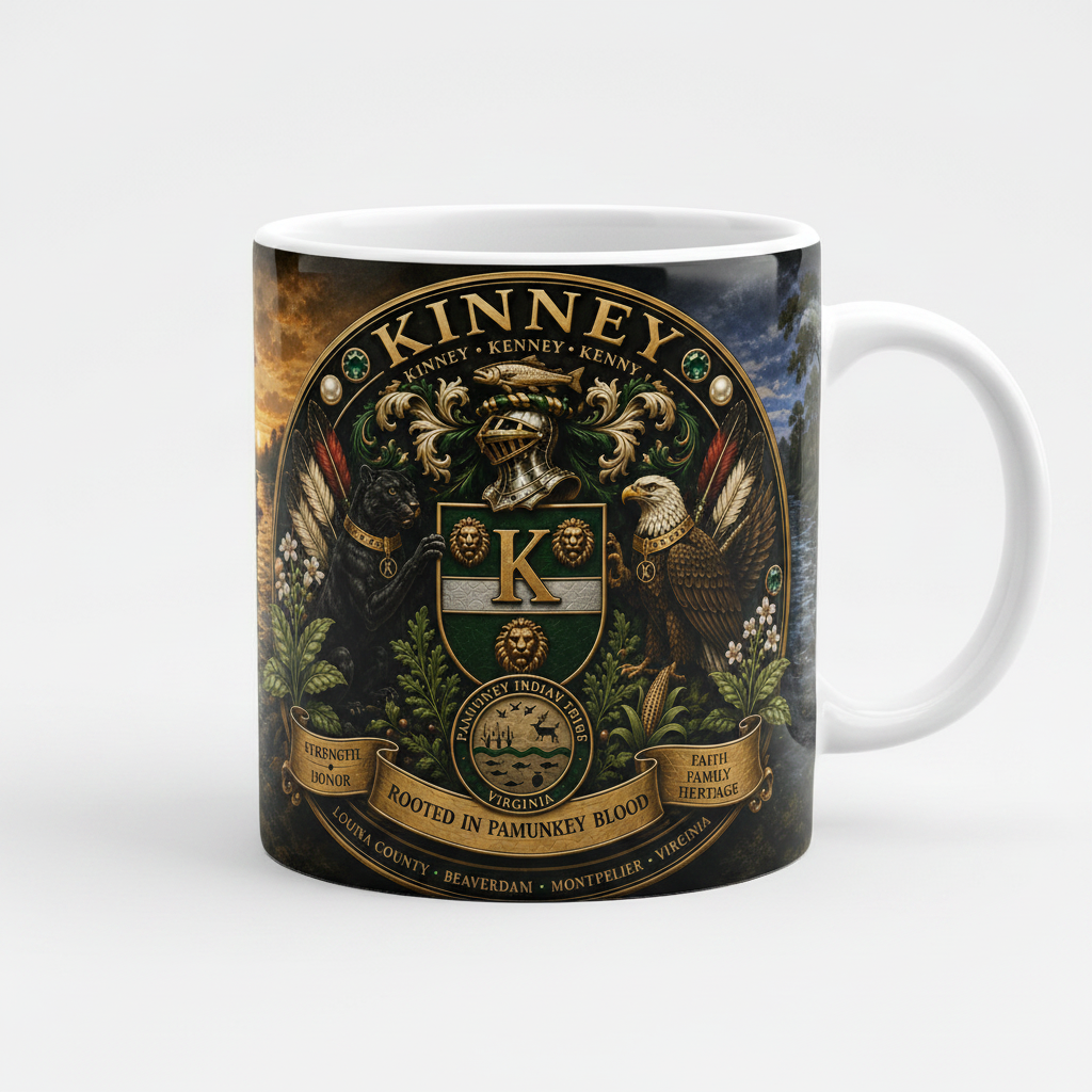 White ceramic coffee mug with Kinney/Kenney family crest logo