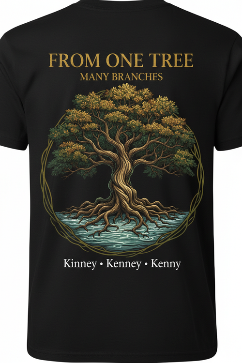 Black t-shirt back design with ancient oak tree over river, From One Tree Many Branches, Kinney Kenney Kenny