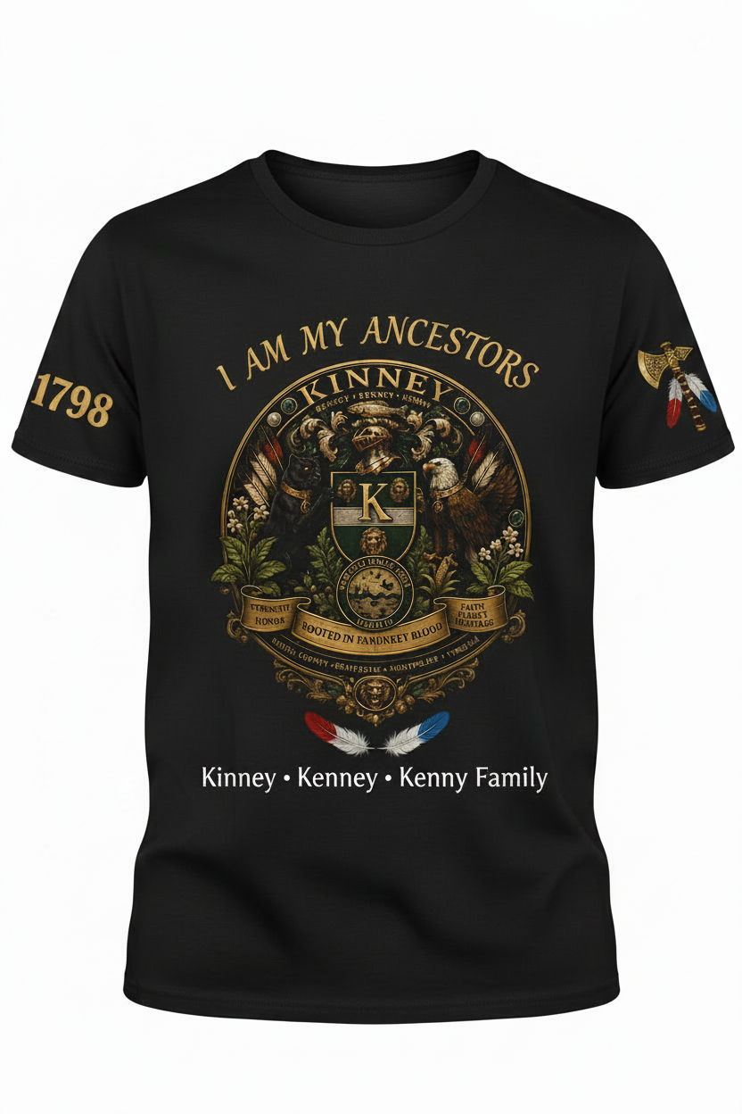 Black t-shirt with Kinney family crest, red white blue feathers, tomahawk on right sleeve, 1798 on left sleeve