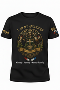 Black t-shirt with Kinney family crest, red white blue feathers, tomahawk on right sleeve, 1798 on left sleeve