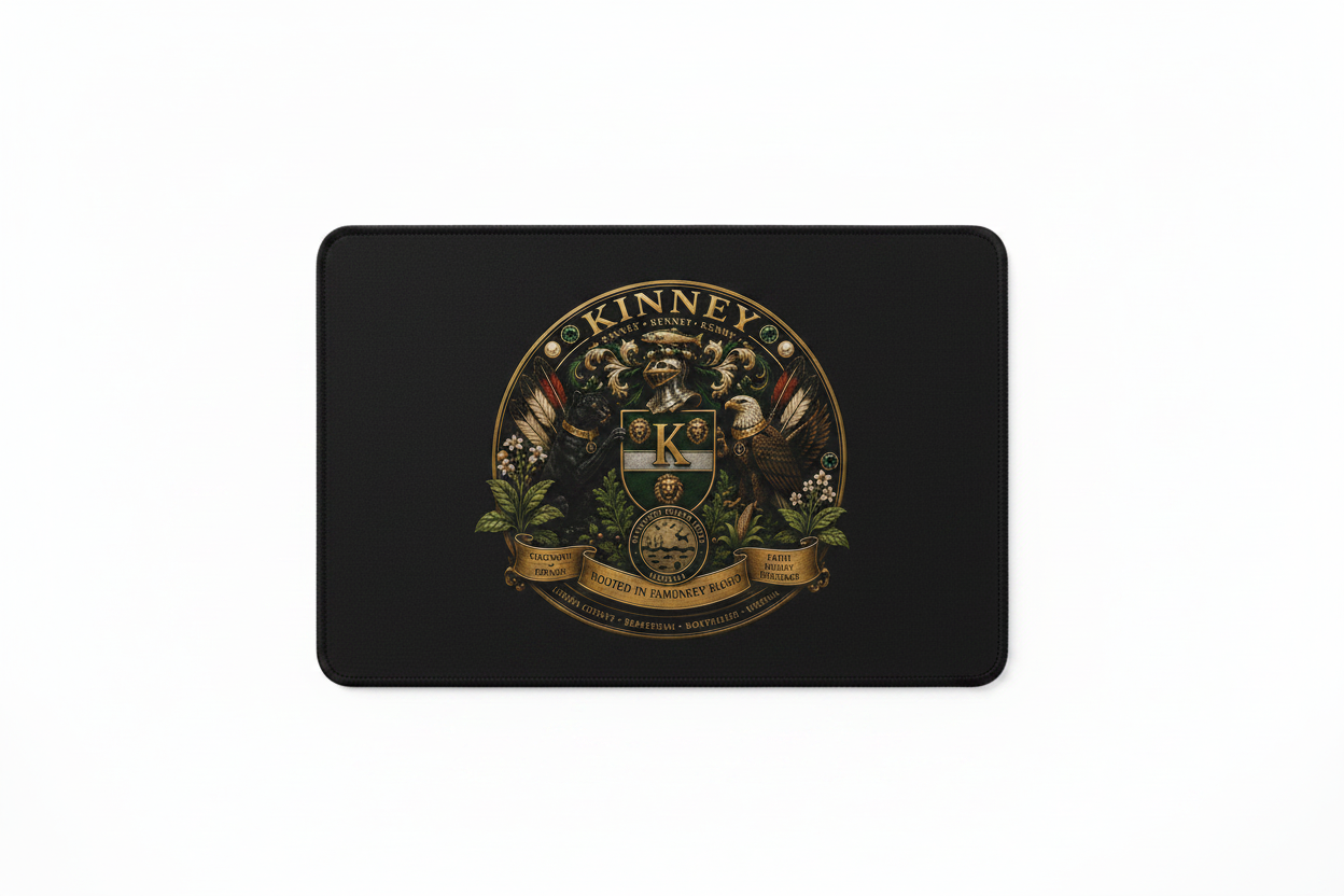 Black mouse pad with Kinney/Kenney family crest logo in the center