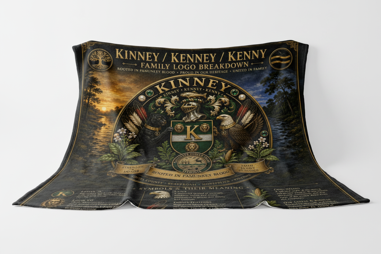 Large cozy fleece blanket with Kinney/Kenney family crest logo in the center