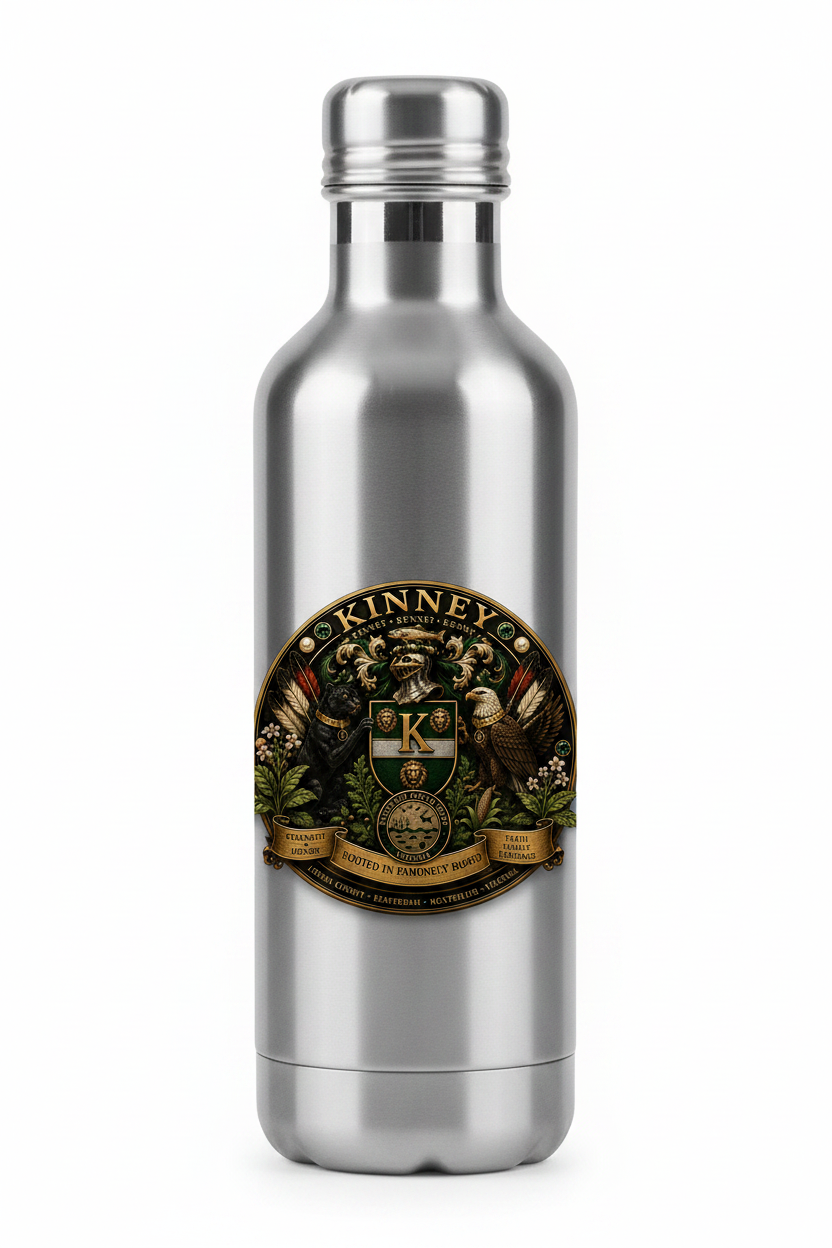 Stainless steel water bottle with Kinney/Kenney family crest logo