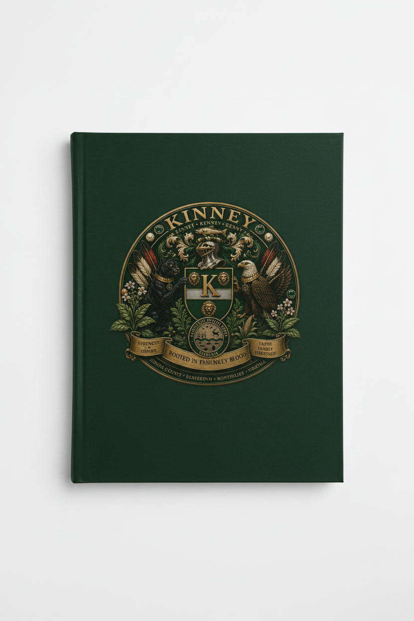 Dark hardcover notebook with Kinney/Kenney family crest logo on the front
